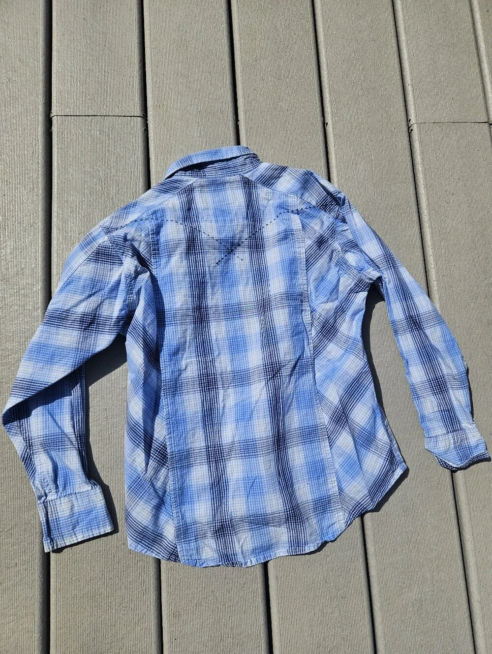 Wrangler 20X Boys Pearl Snap Shirt Medium 7-8 Blue Plaid Long Sleeve Western Kid